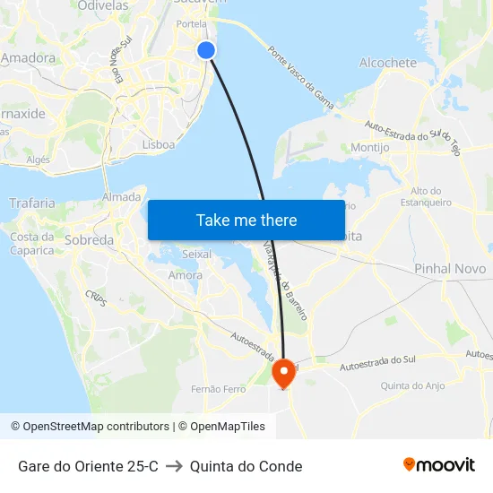 Gare do Oriente 25-C to Quinta do Conde map