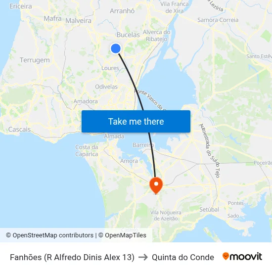 Fanhões (R Alfredo Dinis Alex 13) to Quinta do Conde map
