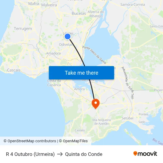 R 4 Outubro (Urmeira) to Quinta do Conde map