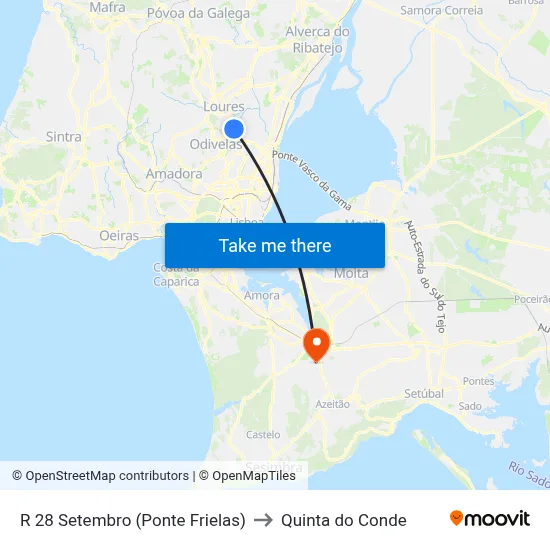 R 28 Setembro (Ponte Frielas) to Quinta do Conde map