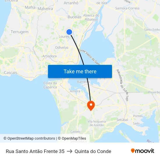 Rua Santo Antão Frente 35 to Quinta do Conde map