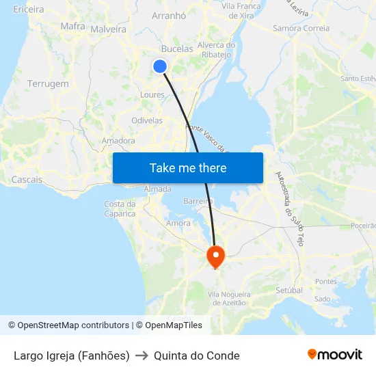 Largo Igreja (Fanhões) to Quinta do Conde map
