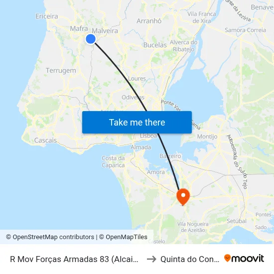 R Mov Forças Armadas 83 (Alcainça) to Quinta do Conde map