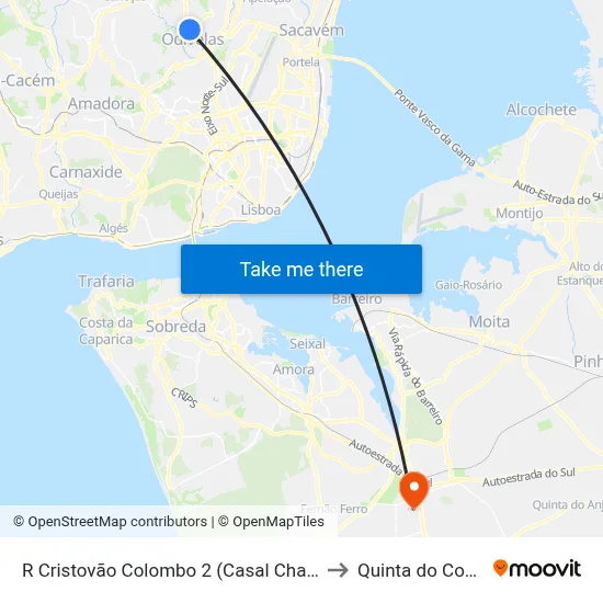 R Cristovão Colombo 2 (Casal Chapim) to Quinta do Conde map