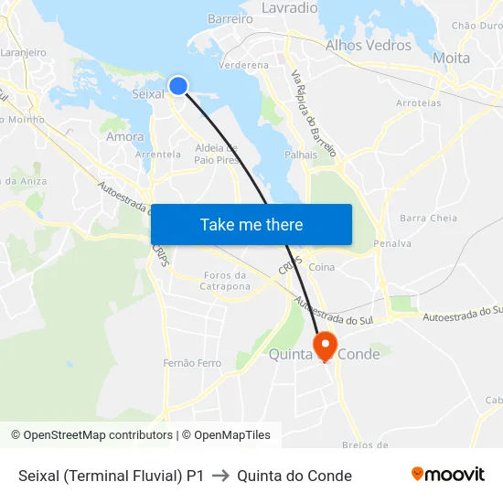 Seixal (Terminal Fluvial) P1 to Quinta do Conde map
