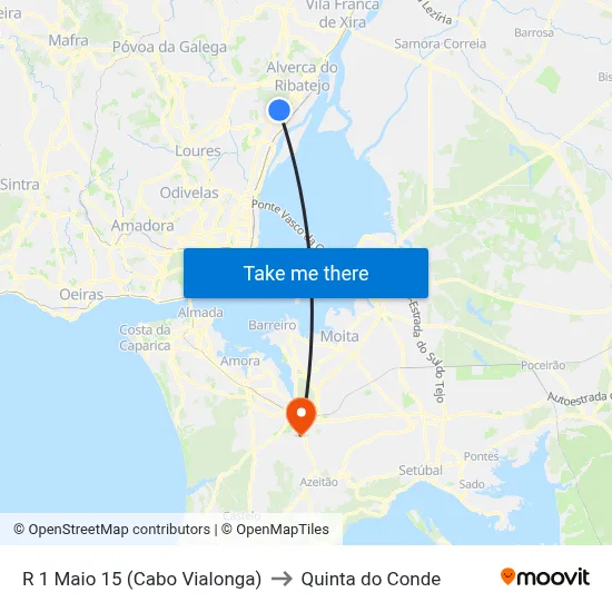 R 1 Maio 15 (Cabo Vialonga) to Quinta do Conde map