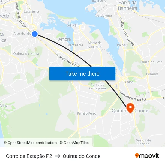 Corroios Estação P2 to Quinta do Conde map