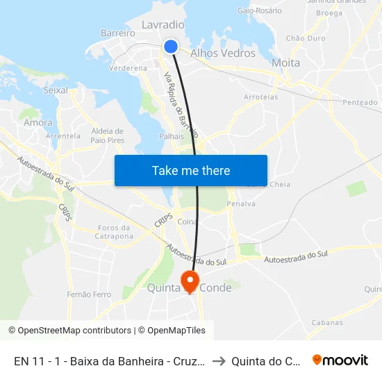 EN 11 - 1 - Baixa da Banheira - Cruzamento to Quinta do Conde map