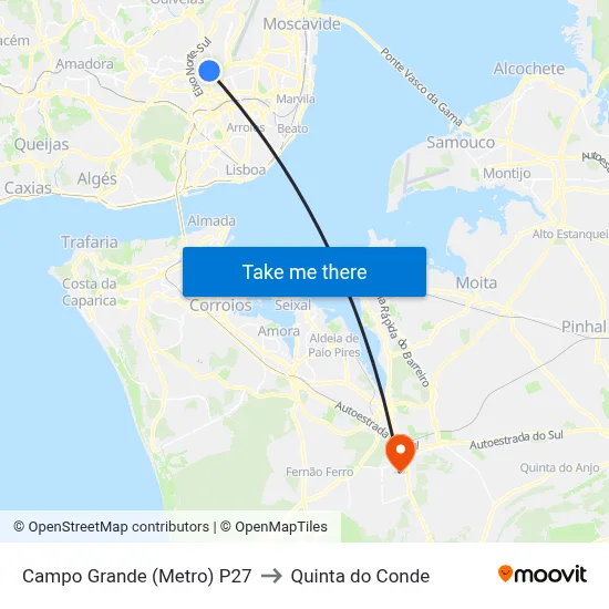 Campo Grande (Metro) P27 to Quinta do Conde map