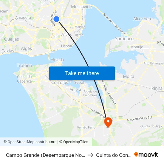 Campo Grande (Desembarque Norte) to Quinta do Conde map