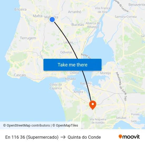 En 116 36 (Supermercado) to Quinta do Conde map