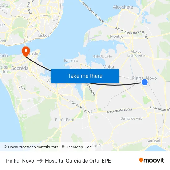 Pinhal Novo to Hospital Garcia de Orta, EPE map