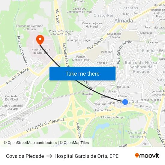 Cova da Piedade to Hospital Garcia de Orta, EPE map