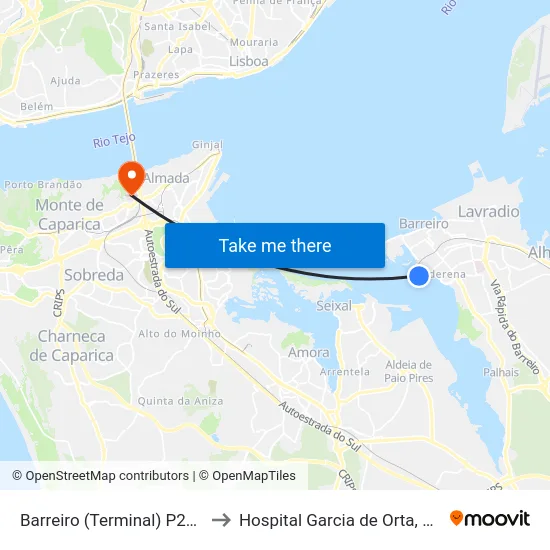 Barreiro (Terminal) P2/P5 to Hospital Garcia de Orta, EPE map