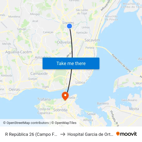 R República 26 (Campo Futebol) to Hospital Garcia de Orta, EPE map