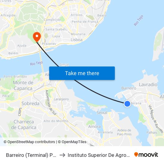 Barreiro (Terminal) P2/P5 to Instituto Superior De Agronomia map