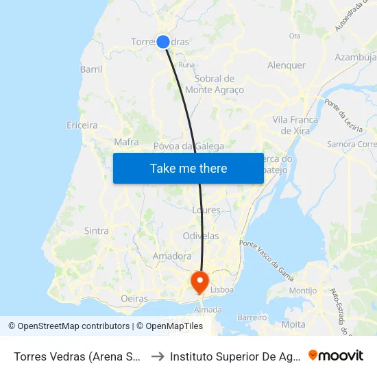 Torres Vedras (Arena Shopping) to Instituto Superior De Agronomia map