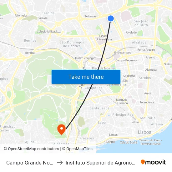 Campo Grande Norte to Instituto Superior de Agronomia map