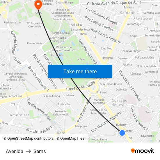 Avenida to Sams map