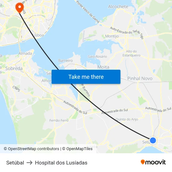 Setúbal to Hospital dos Lusíadas map
