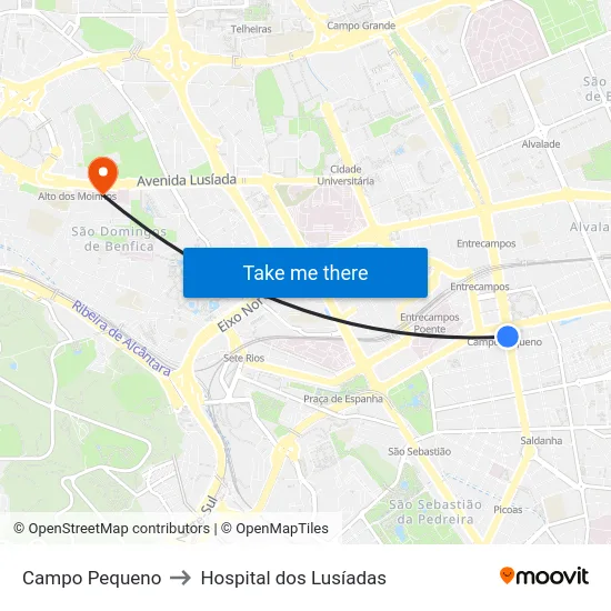 Campo Pequeno to Hospital dos Lusíadas map