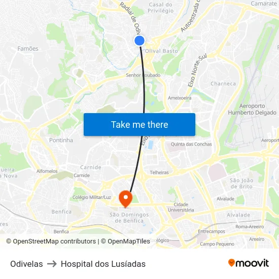 Odivelas to Hospital dos Lusíadas map