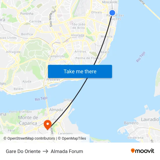 Gare Do Oriente to Almada Forum map
