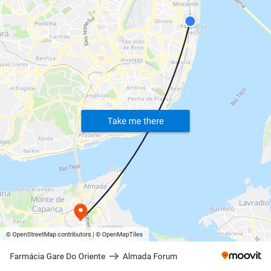 Farmácia Gare Do Oriente to Almada Forum map