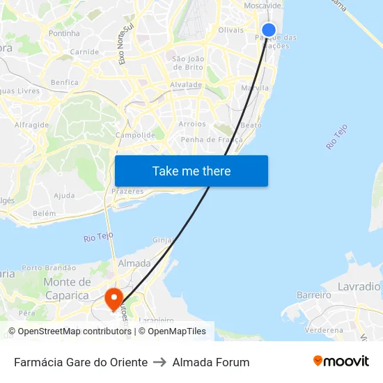 Farmácia Gare do Oriente to Almada Forum map
