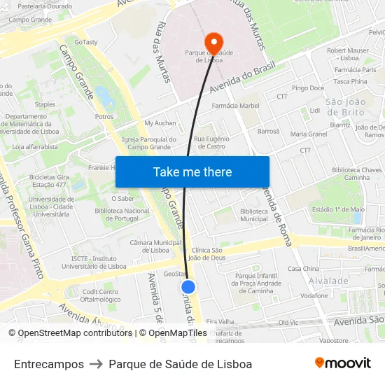 Entrecampos to Parque de Saúde de Lisboa map