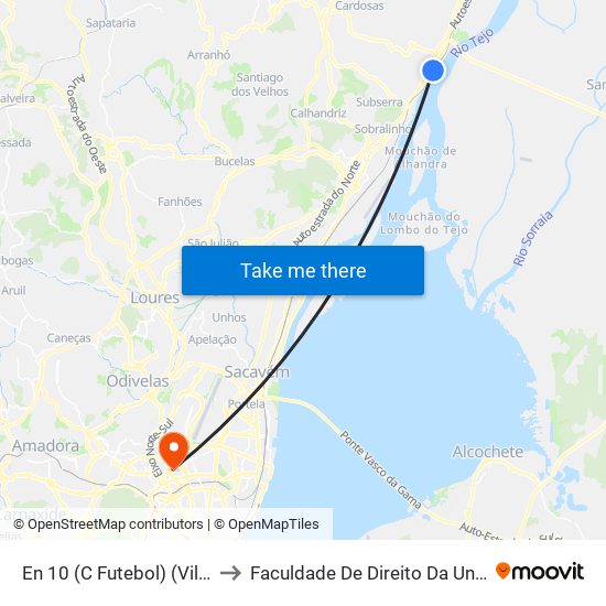 En 10 (C Futebol) (Vila Franca De Xira) to Faculdade De Direito Da Universidade De Lisboa map