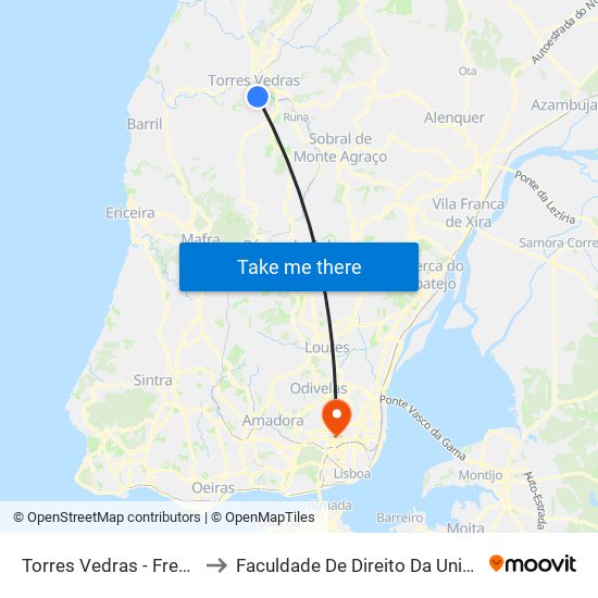 Torres Vedras - Frente Ao Hospital to Faculdade De Direito Da Universidade De Lisboa map