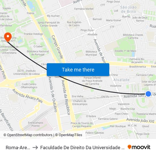 Roma-Areeiro to Faculdade De Direito Da Universidade De Lisboa map