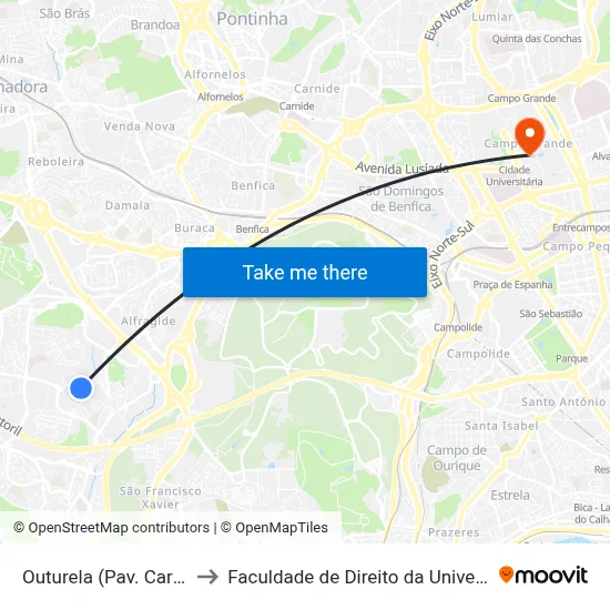 Outurela (Pav. Carlos Queiroz) to Faculdade de Direito da Universidade de Lisboa map