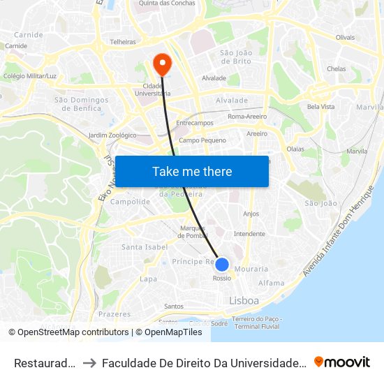 Restauradores to Faculdade De Direito Da Universidade De Lisboa map