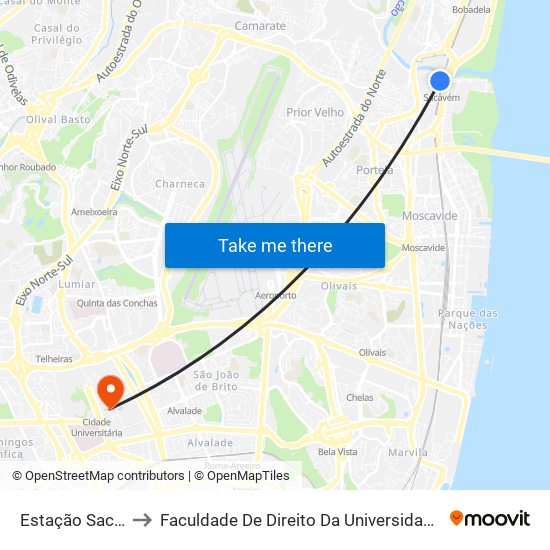 Estação Sacavém to Faculdade De Direito Da Universidade De Lisboa map