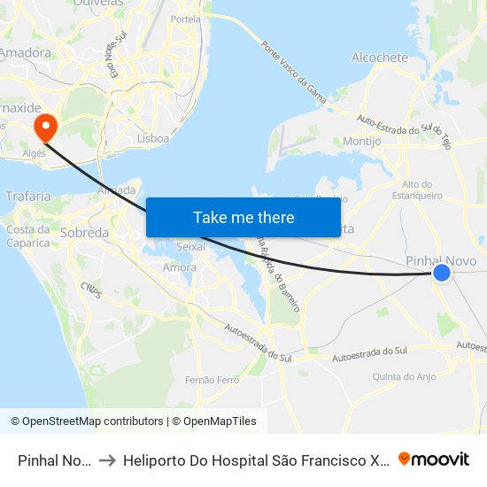 Pinhal Novo to Heliporto Do Hospital São Francisco Xavier map