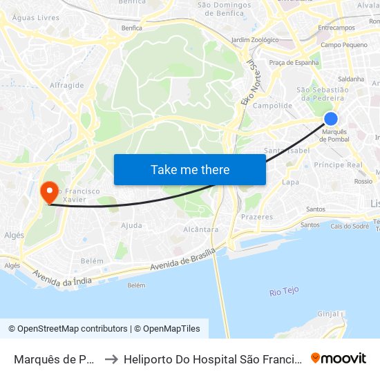 Marquês de Pombal to Heliporto Do Hospital São Francisco Xavier map