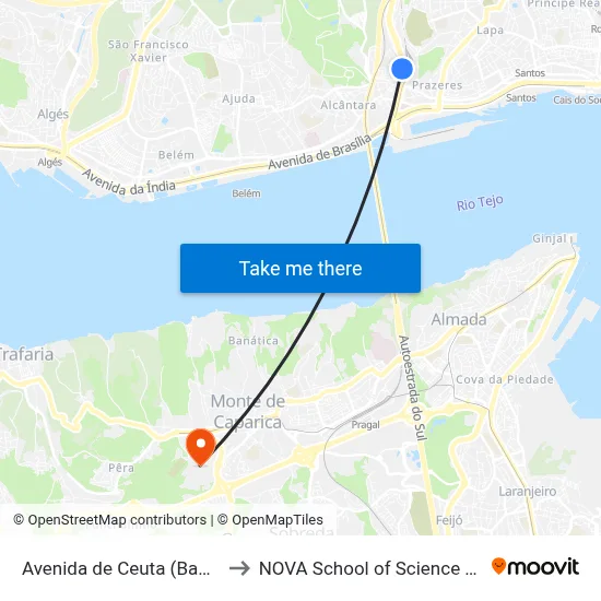 Avenida de Ceuta (Banco Alimentar) to NOVA School of Science and Technology map
