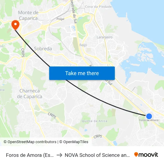 Foros de Amora (Estação) P0 to NOVA School of Science and Technology map