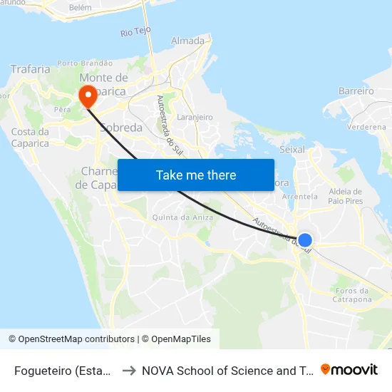 Fogueteiro (Estação) P0 to NOVA School of Science and Technology map