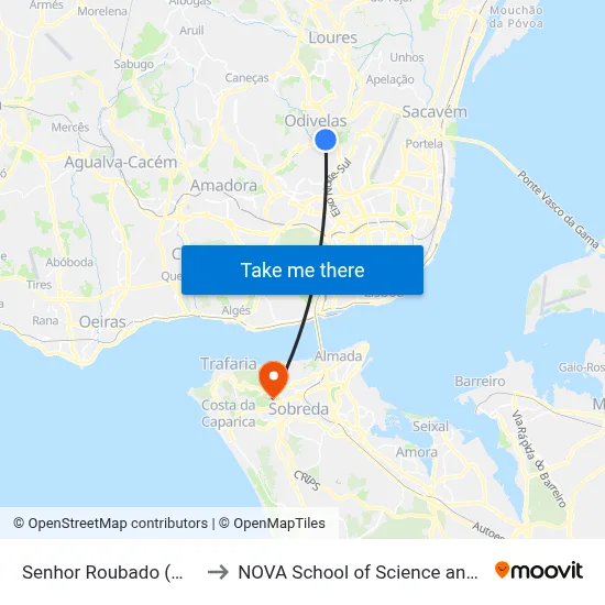 Senhor Roubado (Metro) P12 to NOVA School of Science and Technology map