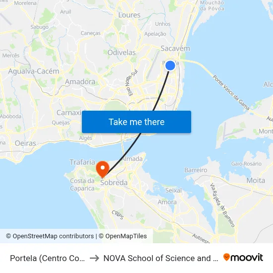 Portela (Centro Comercial) to NOVA School of Science and Technology map