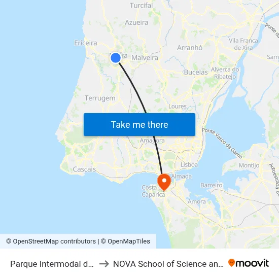 Parque Intermodal de Mafra P3 to NOVA School of Science and Technology map