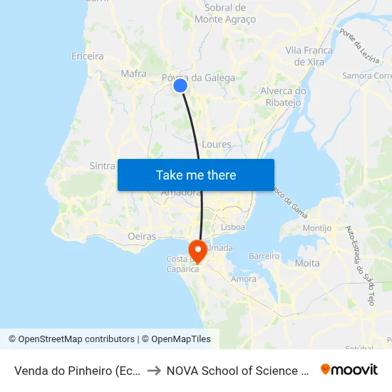 Venda do Pinheiro (Eco Parque) P1 to NOVA School of Science and Technology map
