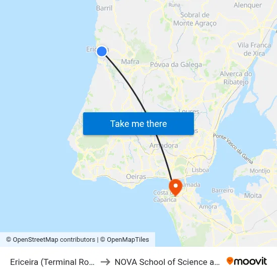 Ericeira (Terminal Rodoviário) P2 to NOVA School of Science and Technology map