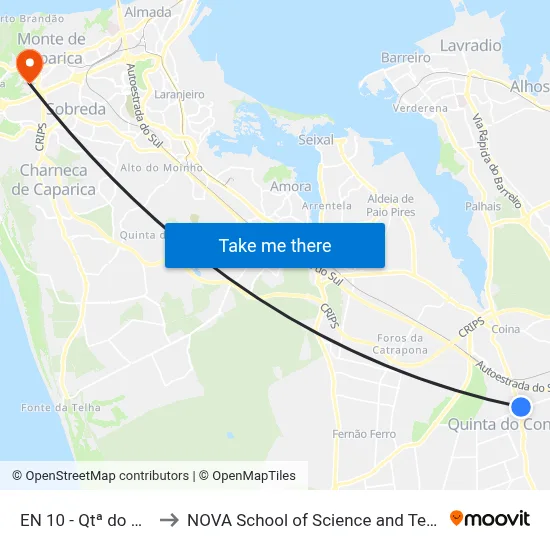 EN 10 - Qtª do Conde to NOVA School of Science and Technology map