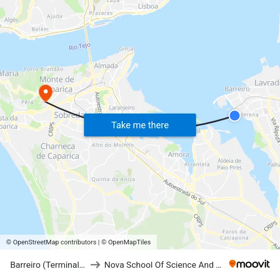Barreiro (Terminal) P2/P5 to Nova School Of Science And Technology map