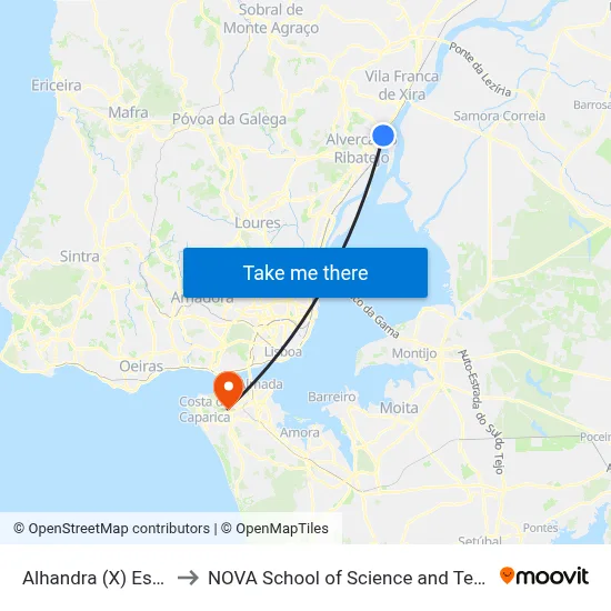 Alhandra (X) Estação to NOVA School of Science and Technology map