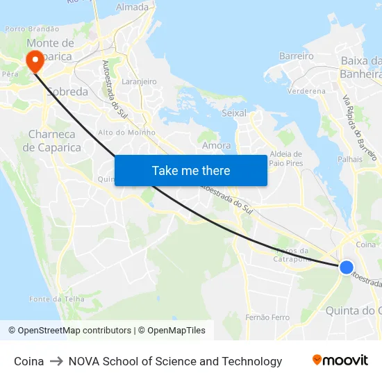 Coina to NOVA School of Science and Technology map